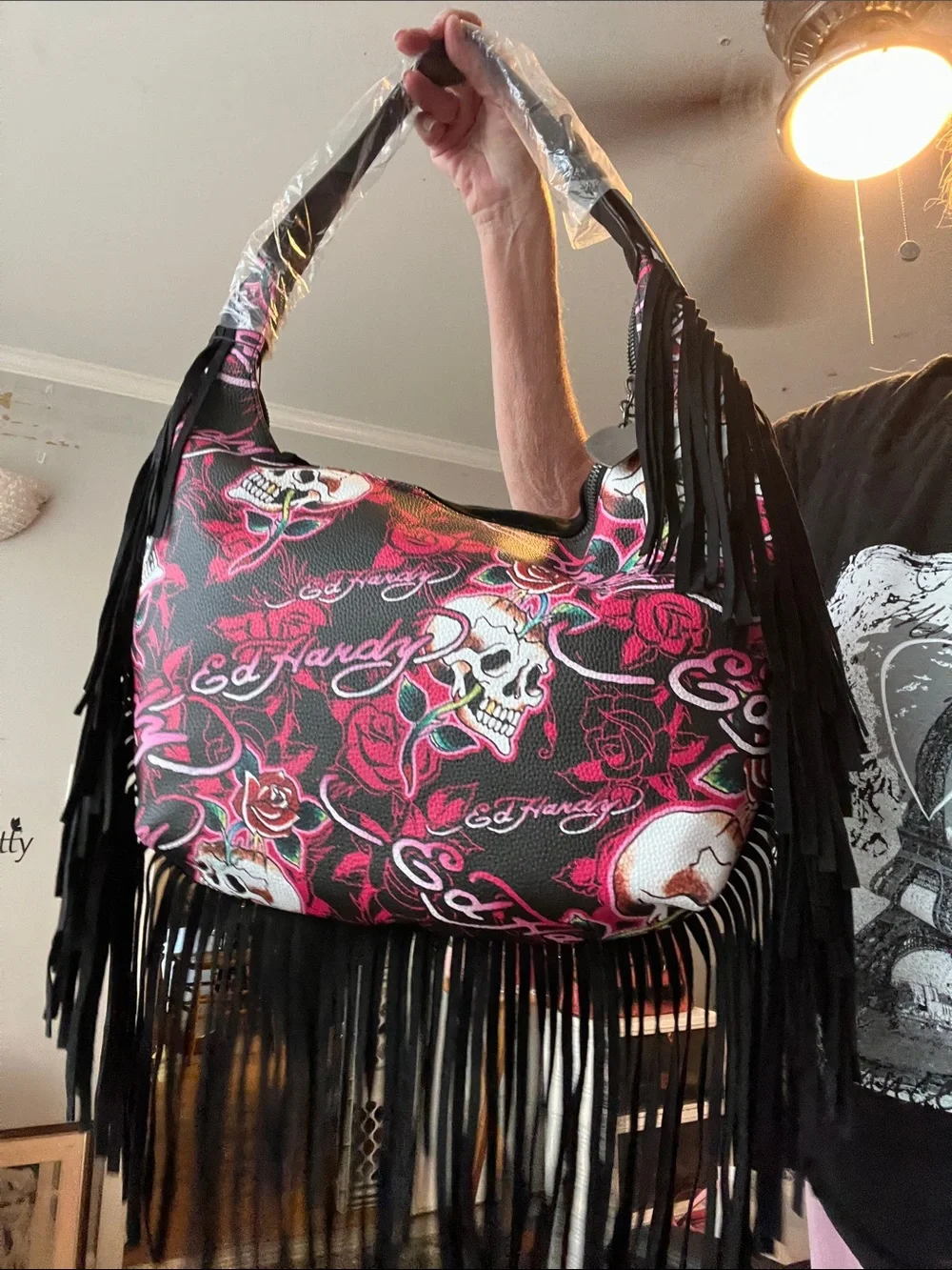 Ed Hardy Black & Pink Rose Skull Fringe Shoulder Bag